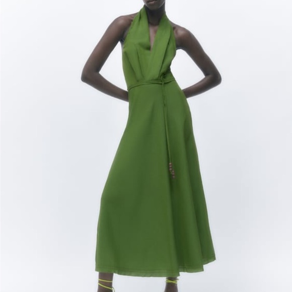 Zara Dresses Zara Green Linen Blend Surplice Dress Halter Neck Womens Large Poshmark